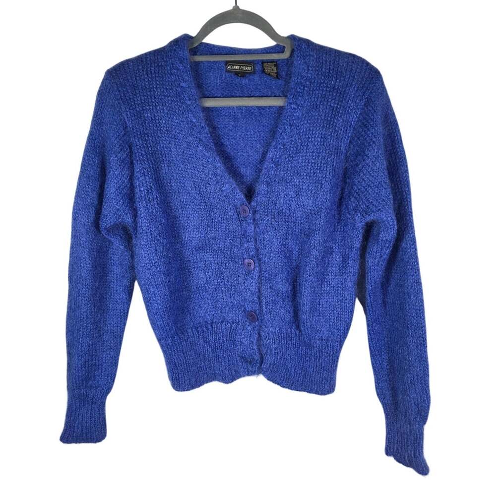 Vintage Fuzzy Mohair Cardigan Sweater Royal Blue Cropped V-Neck Grunge